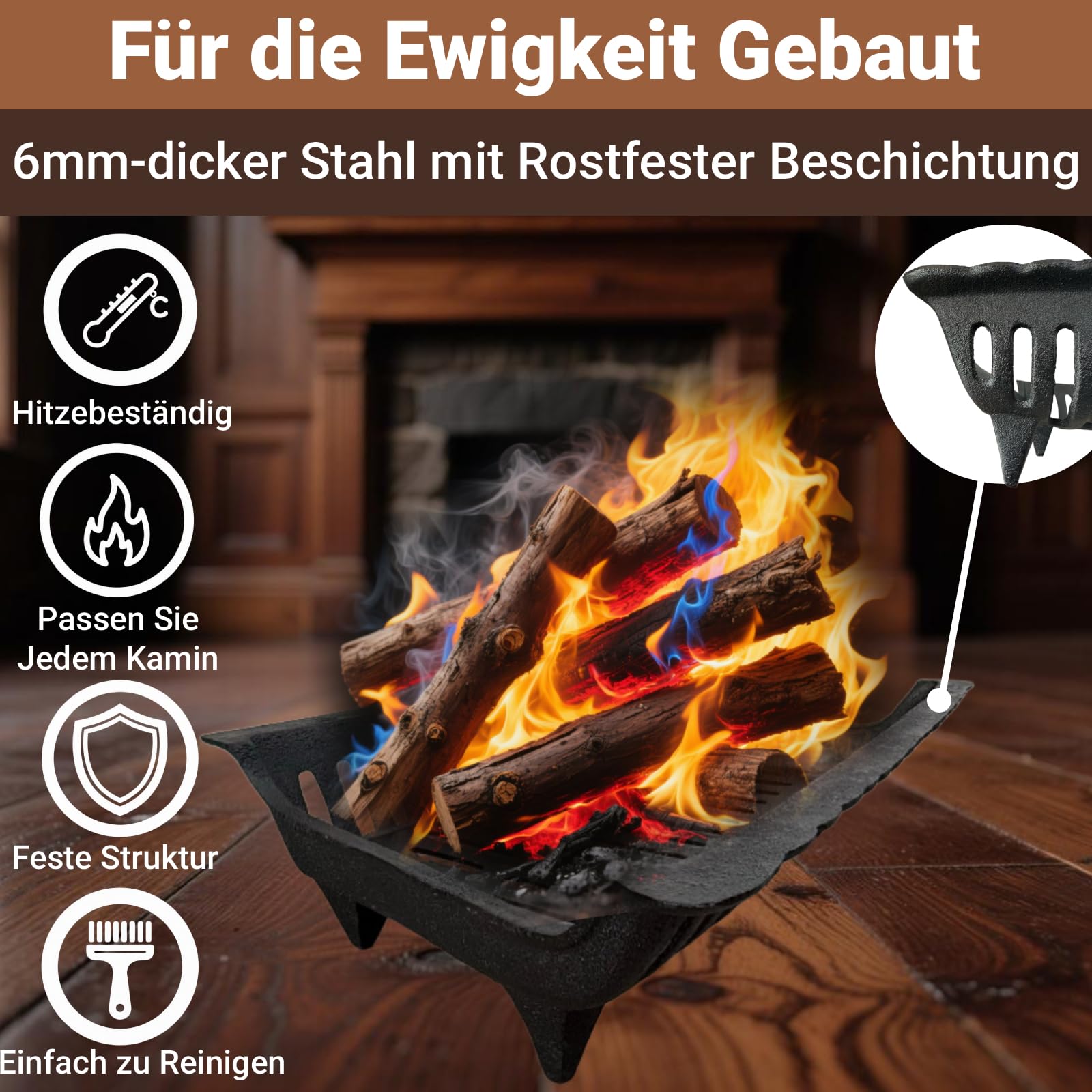 Amagabeli 61cm Kaminrost Schwarz - Robuster Kaminrost aus Stahl, Feuerbock für Kamin, Kaminholzständer, Brennholzhalter, Scheitholzregal mit Füßen für Innen & Außen, Feuergitter