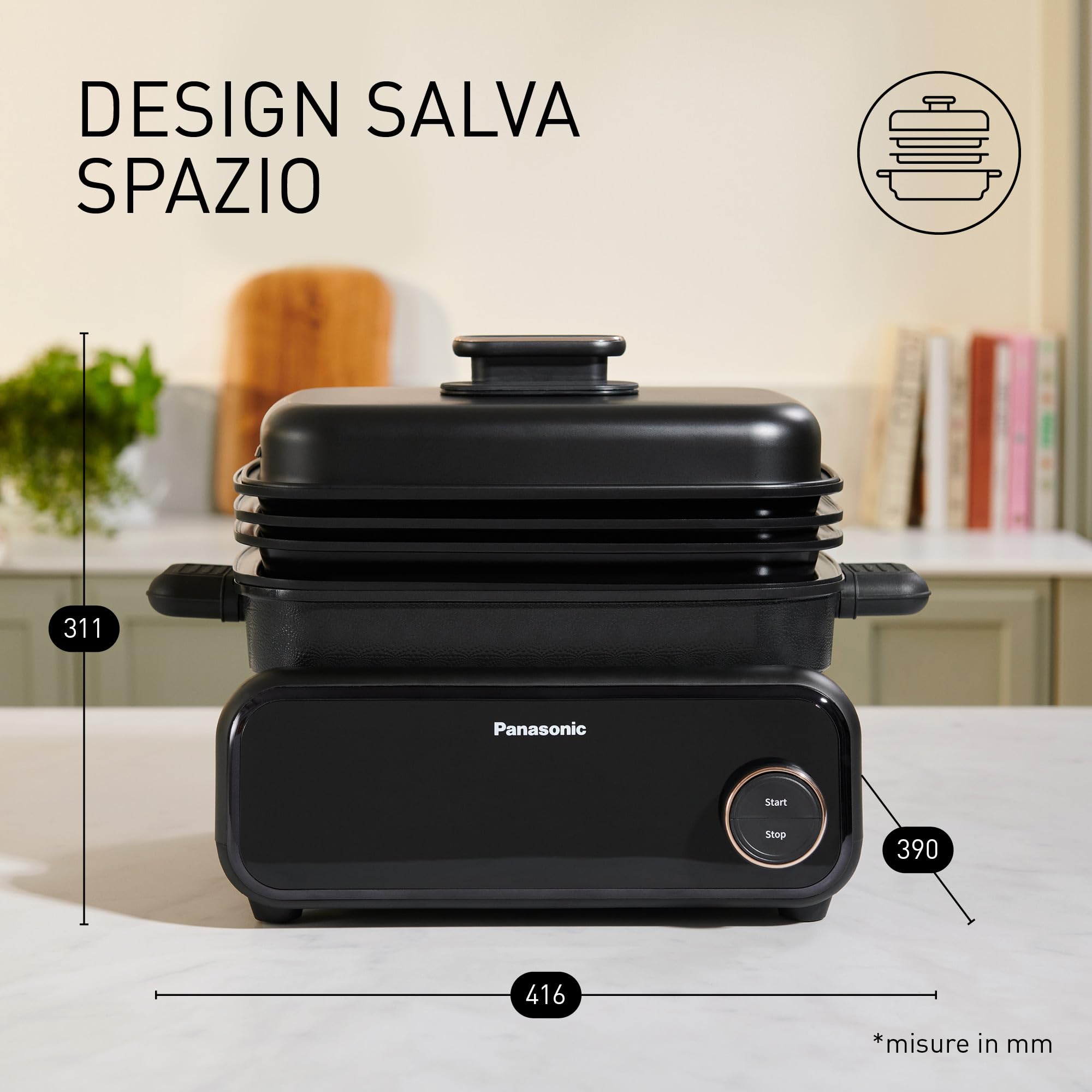 Panasonic NF-GM600 Multi-Cooker Elettrico 6-in-1, Griglia elettrica, Friggere, Cottura Lenta, BBQ, Vapore, Saltare, 1400W, 40–250°C, 9 Modalità Auto, Piastre lavabili in lavastoviglie