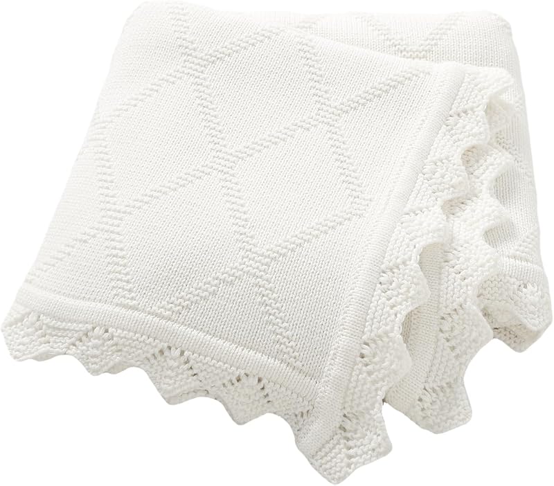 Hadetoto 100% Cotton Baby Blankets for Girls Boys, 40x30 Inches, White | Soft Knit Crochet, Newborn Neutral, Crib Receiving, Nursery Swaddling, Cozy Lightweight, Infant Toddler Essentials Gifts