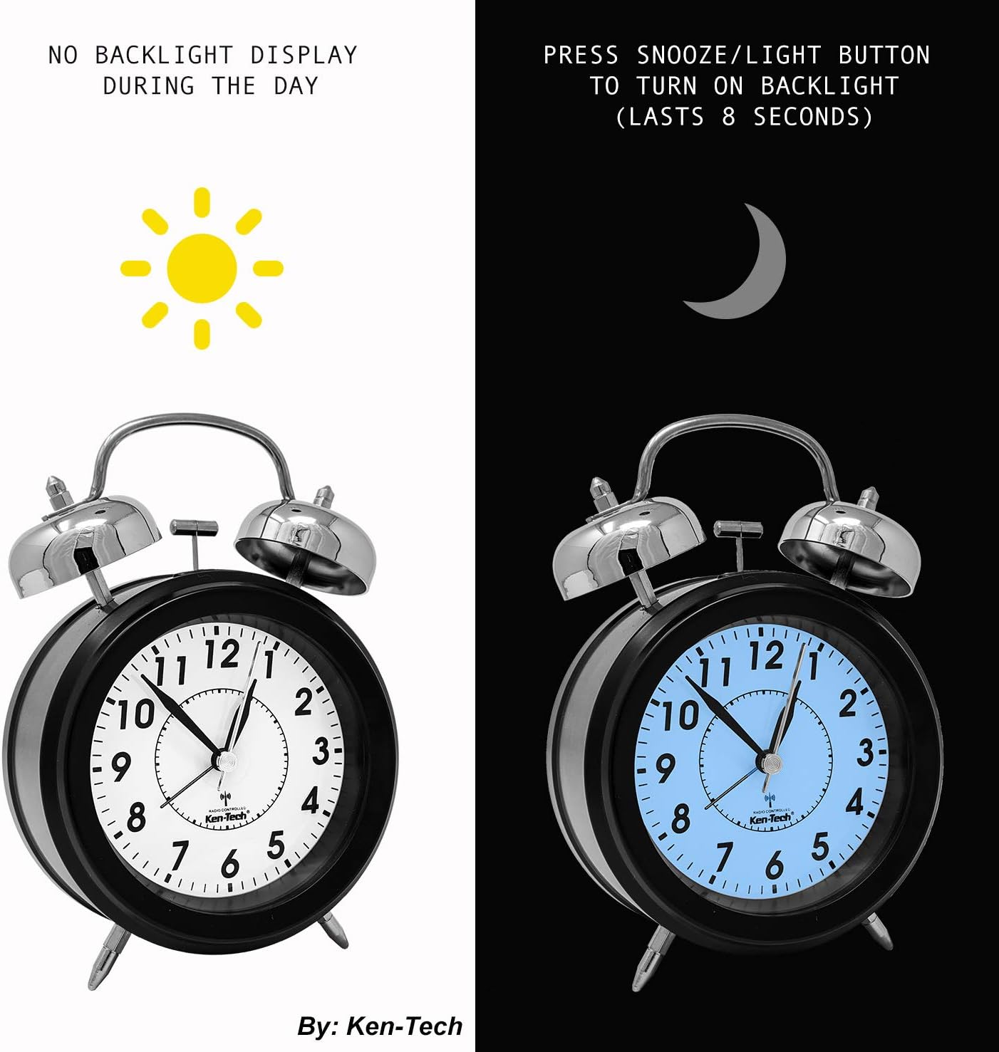 Split image showing the Sonnet Twin Bell Alarm Clock during the day without backlight and at night with a blue backlight activated by pressing a button.
