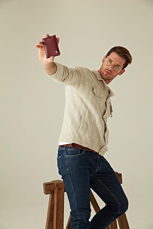 Erkekler için Hakiki Deri Kredi Kartı Tutucu Cüzdan | Tam Tahıl İnek Derisi El İşi Deri | Minimalist İnce Tasarım RFID Ön Cep Cüzdan