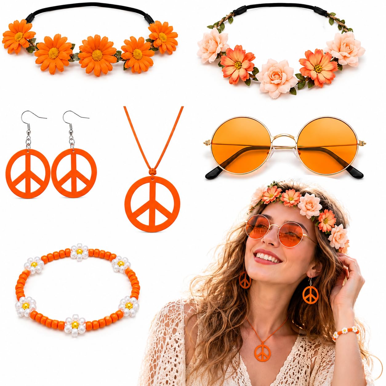 FEITONGFX 6Pcs Hippie Costume Accessories Set,60s 70s Retro Fancy Dress Set