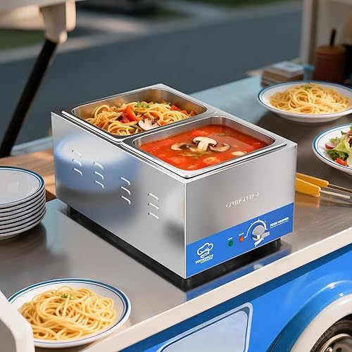 Miniatura 5 de Calentador de alimentos comercial de 2 bandejas con tanque de agua sin fugas que forma estiramiento y 2 bandejas GN de tamaño 12, mesa de vapor de