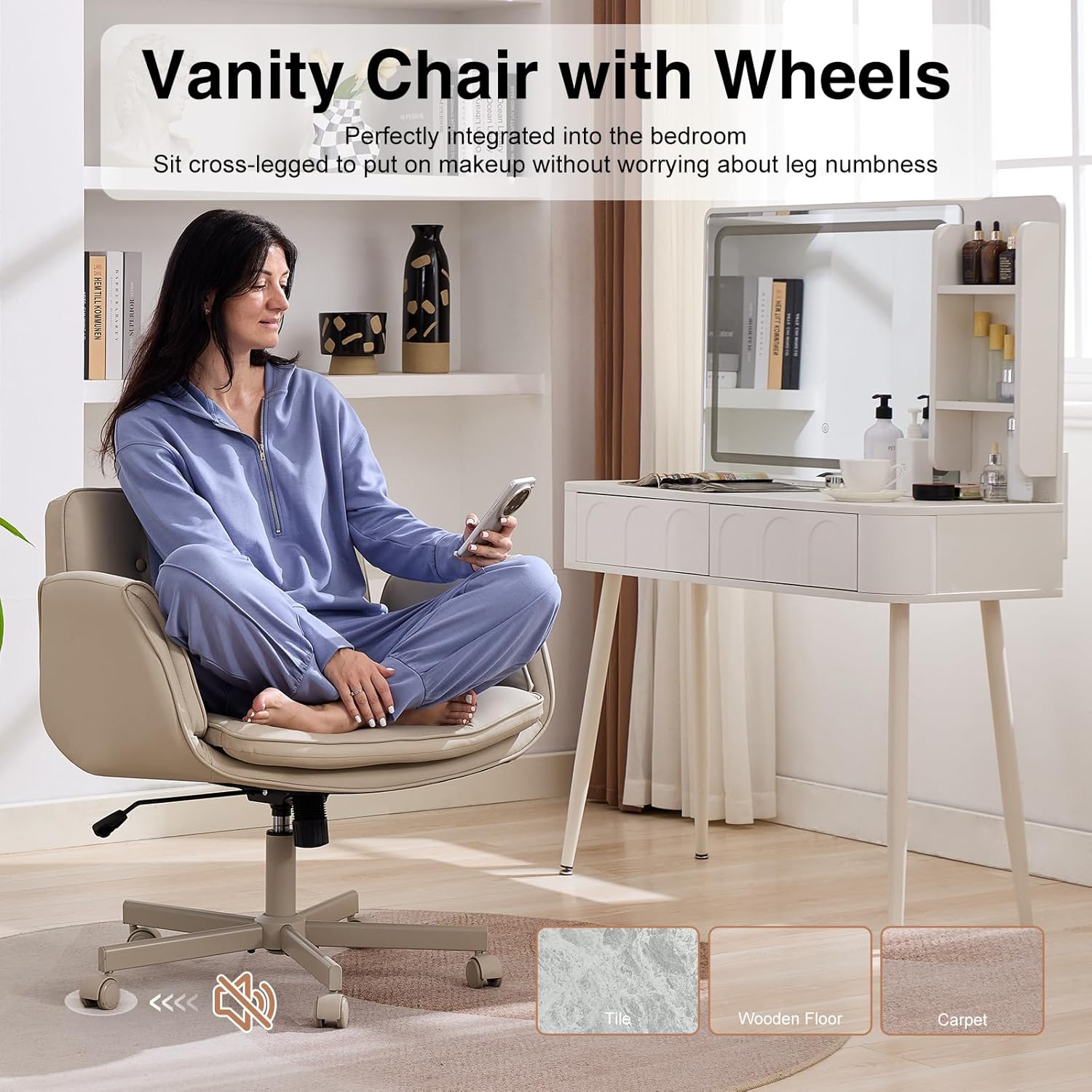 Criss Cross Office Chair with Wheels and Arms, Beige Vanity Chair with Back, Comfy Swivel Cross Legged Office Chairs for Ultimate Comfort and Support, Unique Multifunctional Stylish Arms