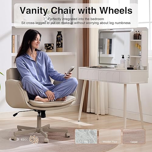 Miniatura 6 de Silla de oficina cruzada con ruedas y brazos, silla de tocador beige con respaldo, cómodas sillas de oficina giratorias con patas cruzadas para la