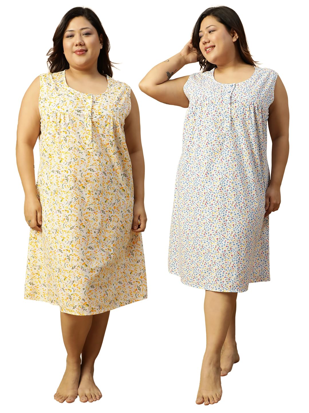 Women Plus Size White & Yellow Cotton Sleeveless Printed Sort Nighty Maxi Nightdress Nightgown Nightwear Sleepwear Combo 2XL/3XL/4XL/5XL/6XL/7XL/8XL-image-20