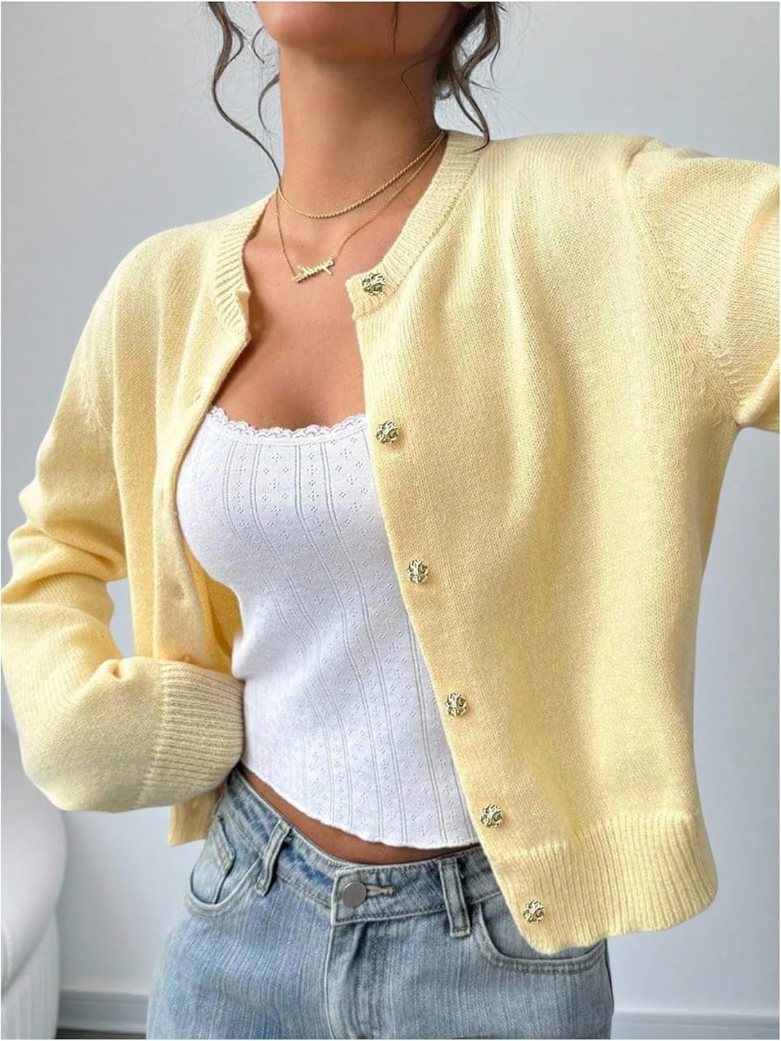 GORGLITTER Women's Button Up Cardigan Sweaters Fall Fashion Cozy Long Sleeve Crewneck Knit Cardigan - Image 3