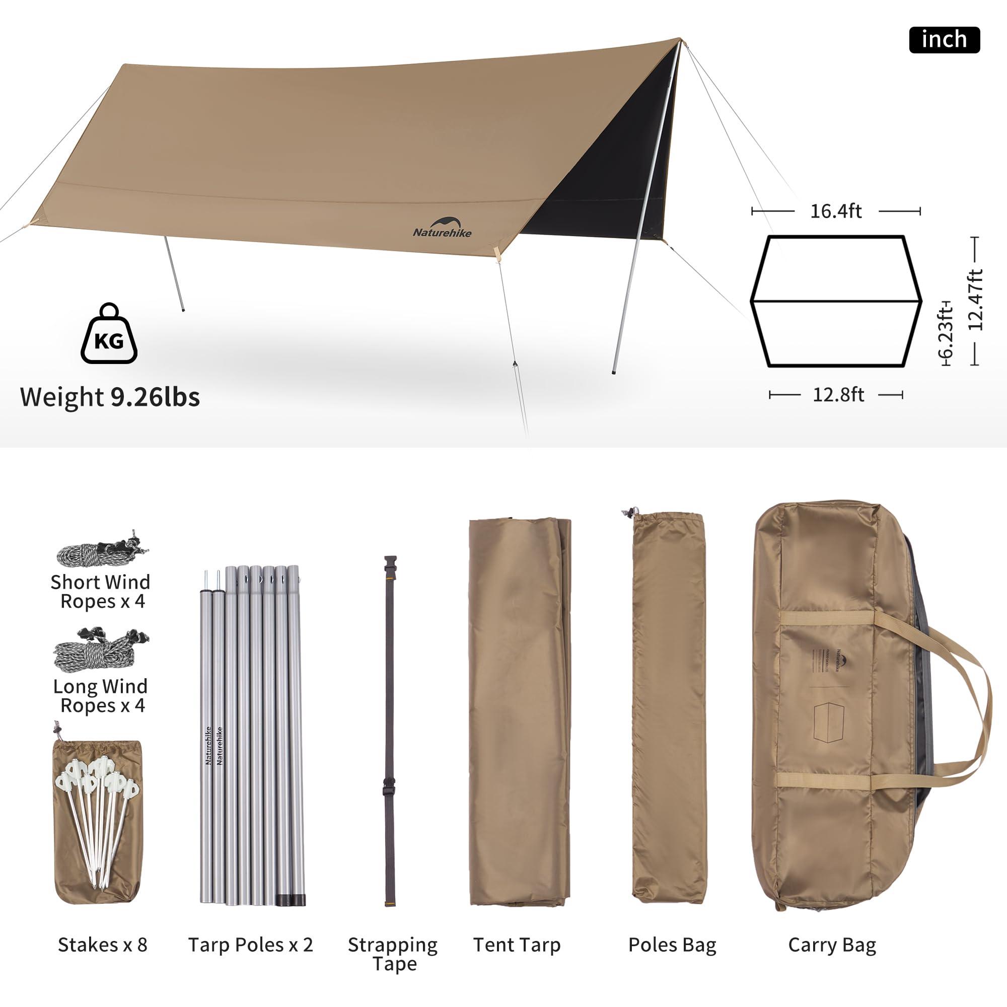 Naturehike Bâche de tente de camping avec poteaux, imperméable en polyuréthane 18 000 mm +, anti-UV UPF2000+, abri solaire de camping, auvent pour fête en plein air, pique-nique (5 x 3,8 m)