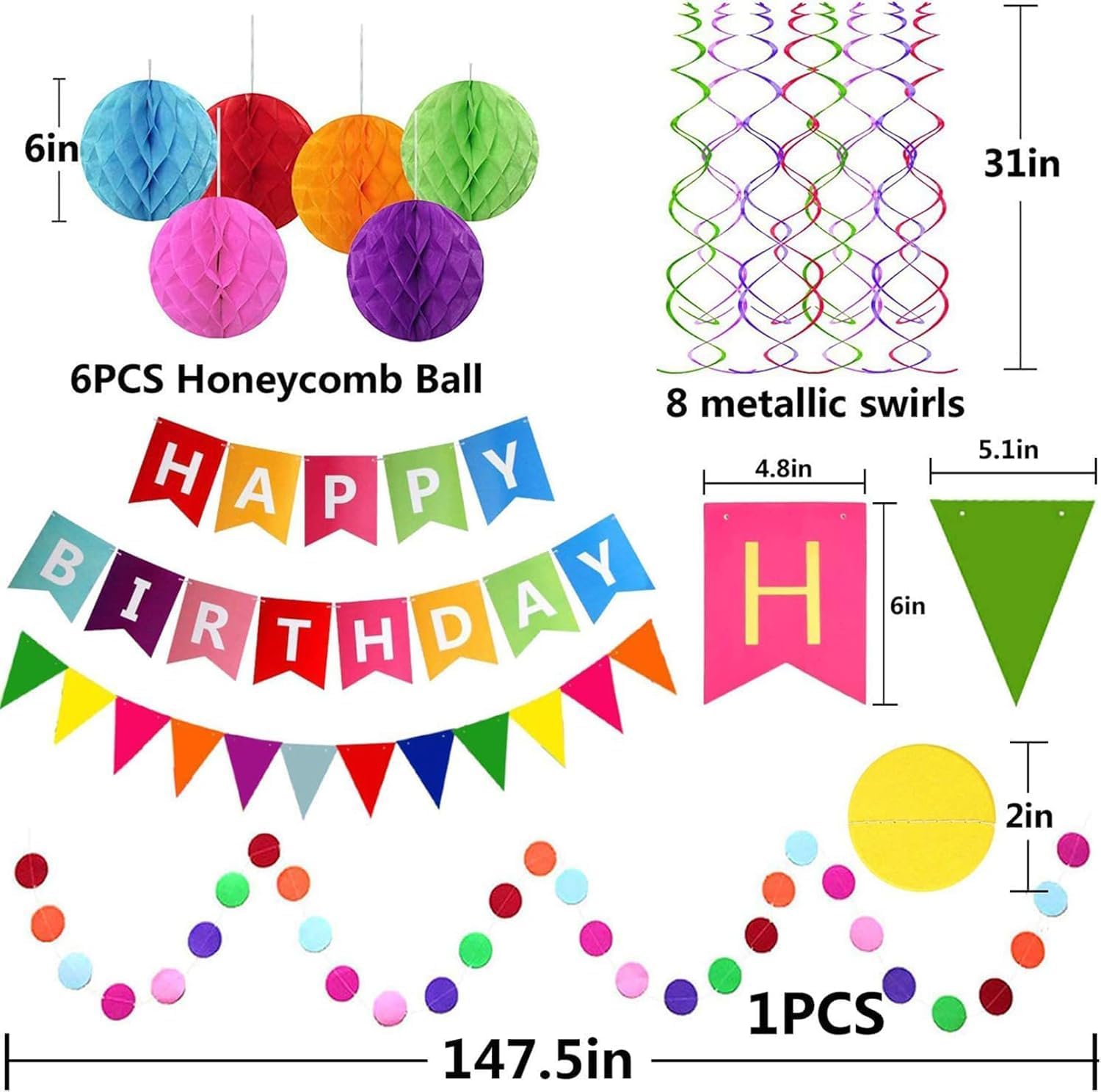 Colorful Happy Birthday Banner Paper Triangle Flag Bunting Circle Confetti Dots Hanging Garland & Honeycomb Ball Swirl Streamers - Reusable Party Decorations for Birthday, Baby Shower