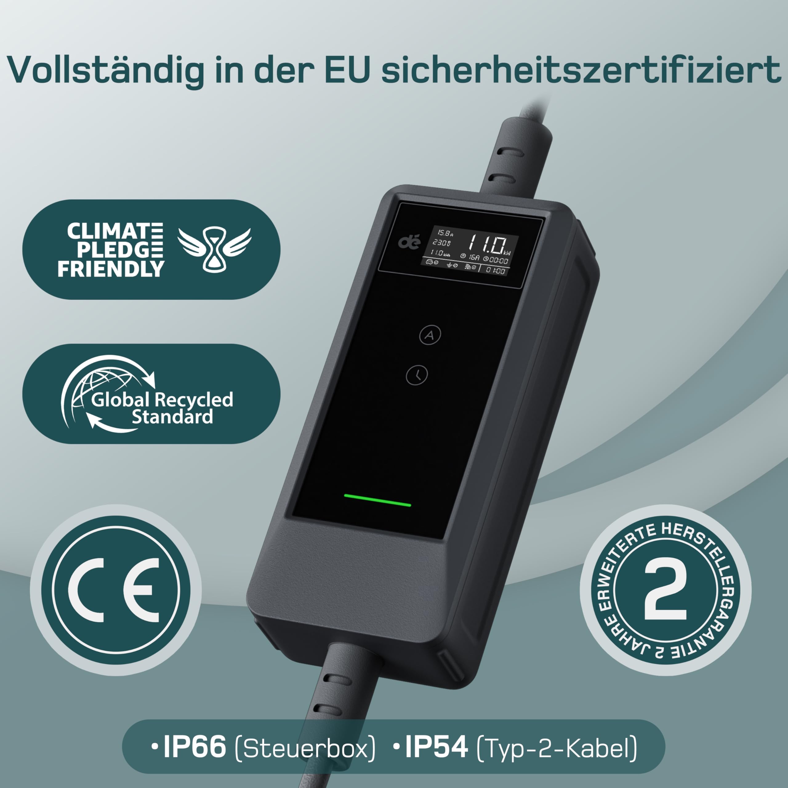 Mobile Wallbox 11kW mit APP 7m 3-phasig 6-16A Ladekabel CEE-16A 400V Typ 2 EV-Charger für ID.3/4/5/7 IX1 Model 3/Y BEV PHEV