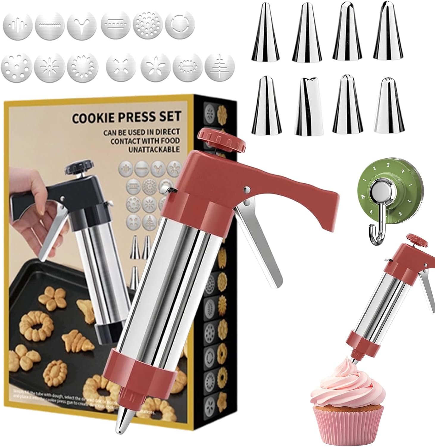 Stainless Steel Cookie Press Gun, 2026 Upgraded Spritz Cookie Press for Baking with 13 Cookie Discs & 8 Icing Tips, Cookie Maker Machine for Kitchen Baking Supplies (red)
