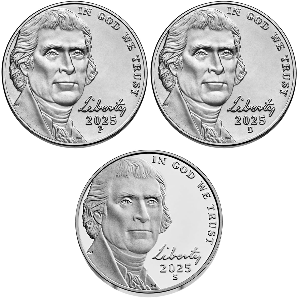 2025 P, D, and S Jefferson Nickel 3 Coin Full Set Including Proof Ultra Cameo and Uncirculated - Smyrnacoin - Uncirculated Thumbnail