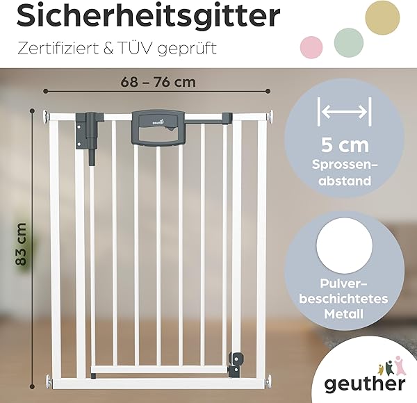 Geuther Türschutzgitter Easylock Plus | Treppenschutzgitter ohne Bohren Breite 68-76 cm | Türgitter Baby Holz-Metall | Kinderschutzgitter beidseitig öffnend | Kindersicherung Tür | Weiß - 3