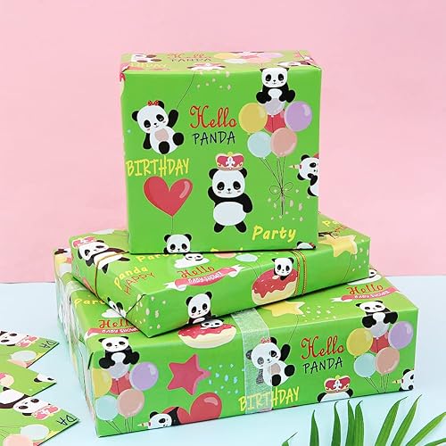 Miniatura 7 de Juego de 6 hojas de papel de regalo de panda de feliz cumpleaños, plegado plano de 20 x 28 pulgadas por hoja para niños, niñas, niños y mujeres,