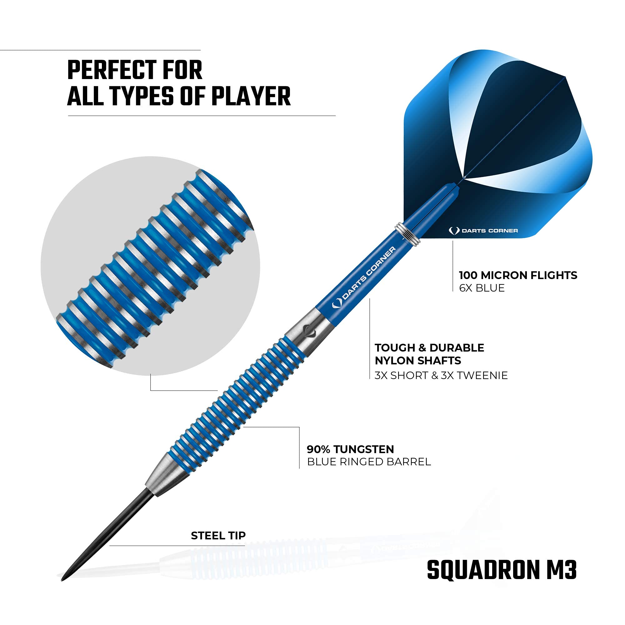 Darts D0779 Squadron | Jeu de fléchettes de qualité supérieure 90% tungstène avec Pointes en Acier Comprenant 3 ailettes Standard, 3 tiges, Protecteur de Pointe et Porte-Barre, M3, Bleu