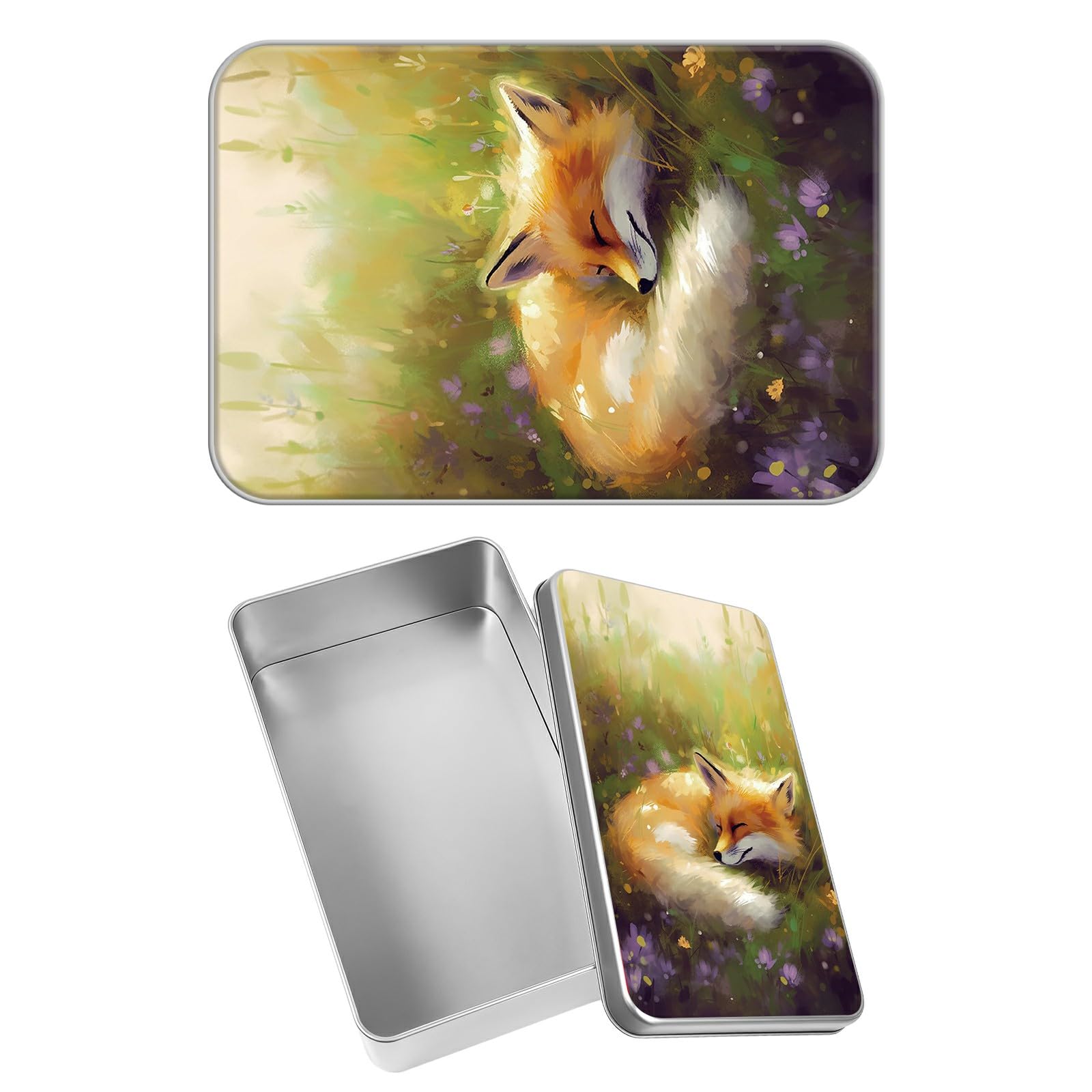 Rectangular Metal Tin Box with Removable Lid, Fox Sleep Decorative Printed Metal Storage Container for Jewelry Pen Eraser Pill Candy Craft 4.9 x 3.54 x 1.57 inch– Single Pack