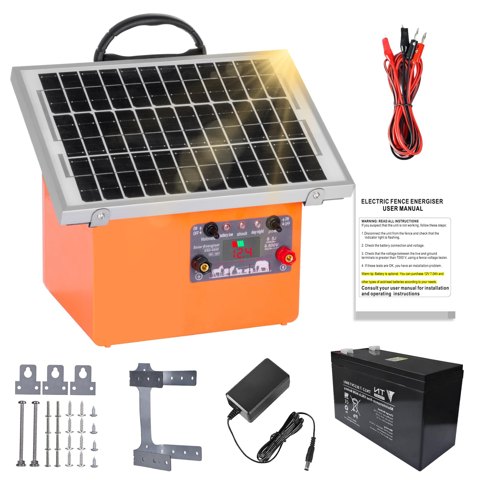 32KM cloture elettriche solari cloture elettriche, 9,5 kV pastore elettrico Controller per cavalli, recinzione elettrica 0,5 J per allevamento di animali da pastore, per fattoria, pascolo, giardino