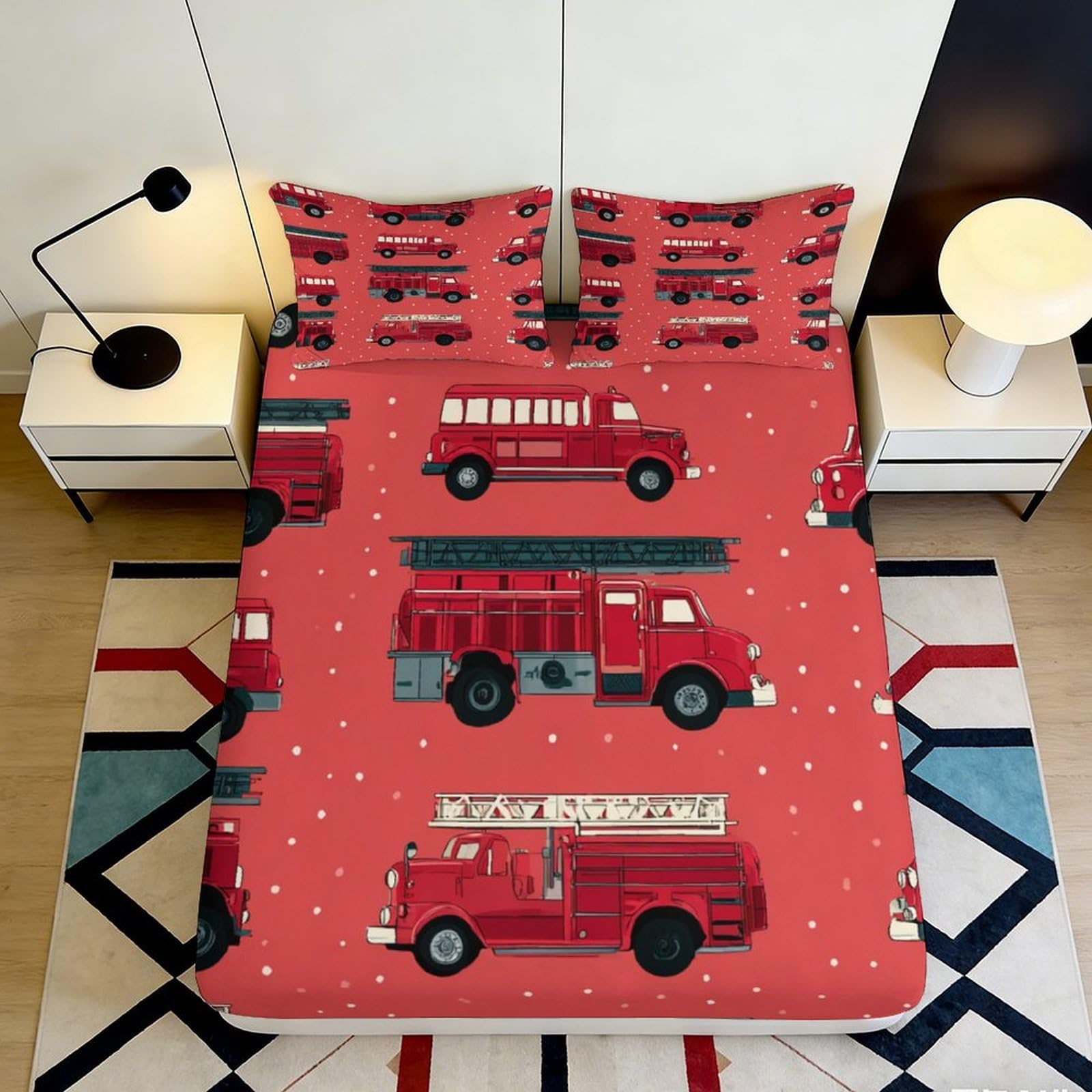 Pnayamiorkfel Style-3 3D Printed Fire Truck Pattern Fitted Sheet Microfiber Red Bed Cover For Bedroom Dorm Mattress Protection Decorative 90X200x25cm