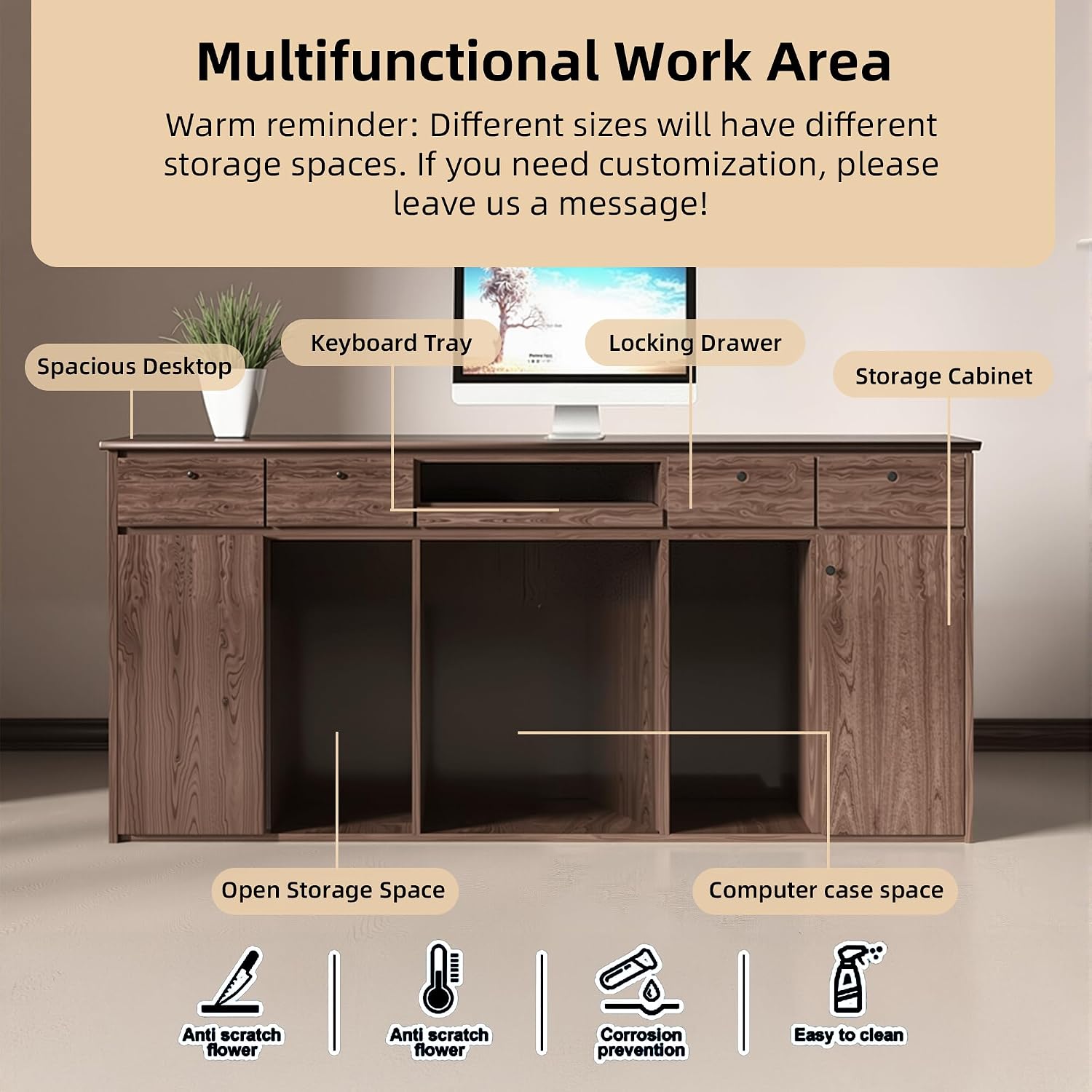 Receptionist Desk, Wood Grain Reception Desk, for Salon Reception Clothing Stor with Keyboard Holder Office Boutique, Ships in One Piece, No Assembly Required, Customized Logo