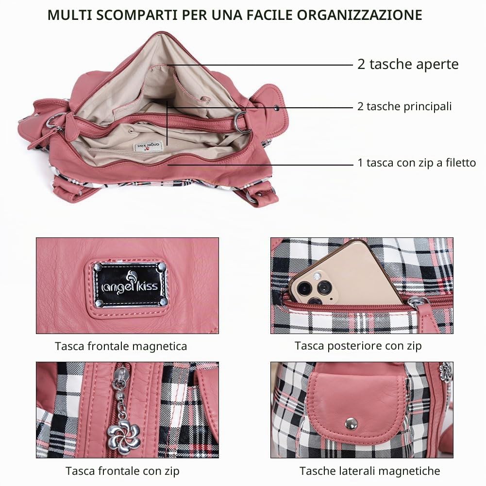 Angel Kiss Hobo, borsa da donna spaziosa a tracolla con tasche multiple, in similpelle, Rosa (Ak812-5g#1894#l02#8901#363Â/Â bianco/rosa), Large