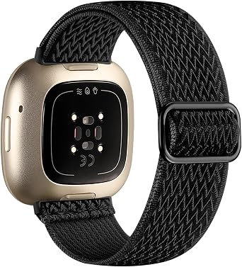 Maledan Replacement Band for Fitbit Versa 4/3 Sense 2 Band Men Women, Soft Flexible Breathable Nylon Stretchy Watch Strap for Versa 4/3 Sense 1/2 Wristbands Accessories, Black