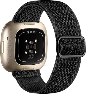 Maledan Replacement Band for Fitbit Versa 4/3 Sense 2 Band Men Women, Soft Flexible Breathable Nylon Stretchy Watch Strap for Versa 4/3 Sense 1/2 Wristbands Accessories, Black