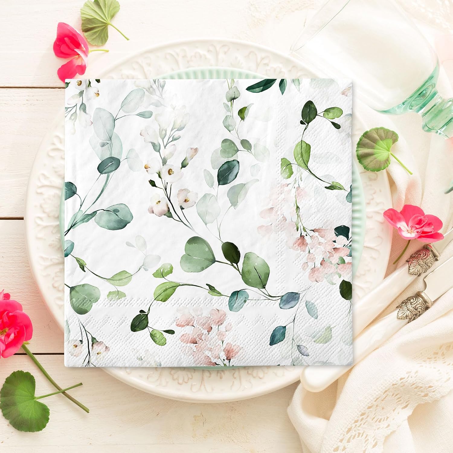 Whaline 80Pcs Eucalyptus Floral Paper Napkins Watercolor Greenery Leaves Flower Disposable Napkin Spring Sage Green Pink Luncheon Dinner Napkin for Wedding Birthday Baby Shower Bridal Party Supplies