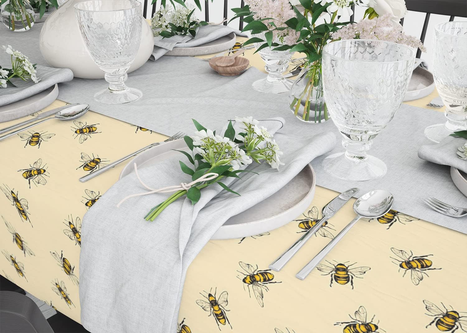Honey Bee Pattern Pattern - Rectangle Oblong Linen Tablecloth, 60" x 102" inches Washable Decorative Table Cloth