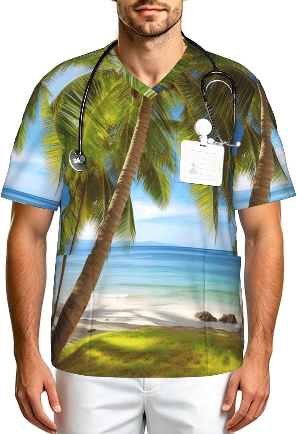 Professional Scrub Tops for Men, Classic V-Neck Workwear with 3 Pockets