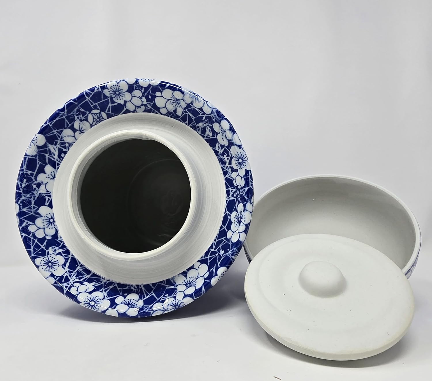 Porcelain Pickling Jar with 2 Lids Fermenting Pickling Kimchi Crock Food Storage Blue Cherry Blossom (12 IN)