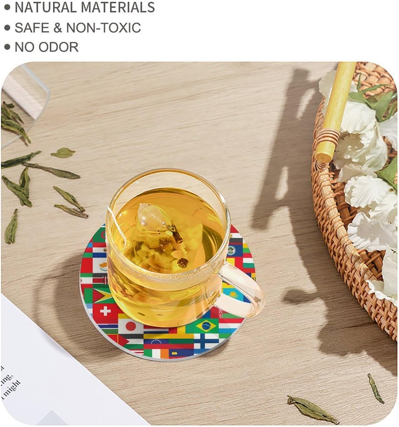 World Country Flags Round Ceramic Coasters for Drinks Absorbent Cup Holder Tabletop Protector with Cork Base