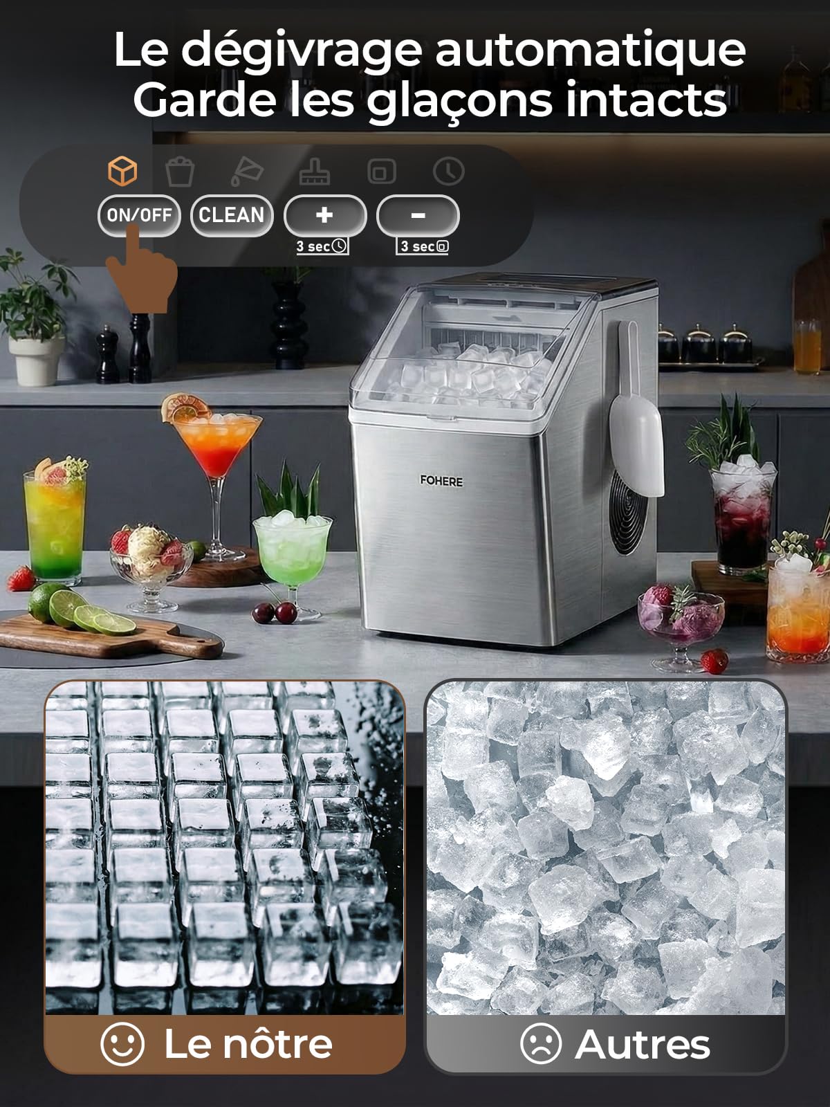 FOHERE Machine à Glaçons en Acier Inoxydable, 24kg/24h, 24 Glaçons en 10-15 Min, Réservoir 3,2L avec Minuterie, Auto-Nettoyage & Dégivrage, Double Alimentation en Eau, 40 dB, Bar & Gastronomie