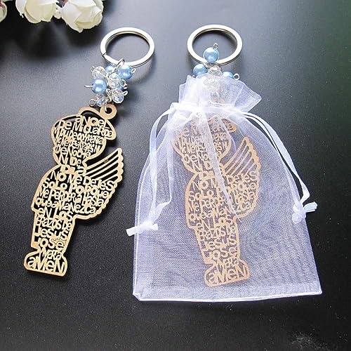 Llavero de madera con diseño de bautizo azul para niño con ángel, recuerdos de bautizo, bautizo, con bolsas de regalo de organza, 12 unidades, 3