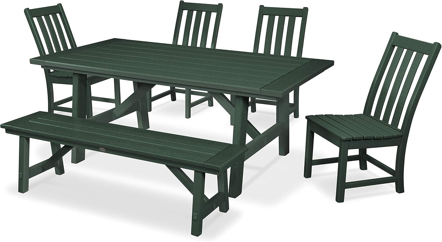 POLYWOOD Vineyard 6-Piece Outdoor Dining Set Black - HDPE Composite Patio Furniture Set with 4 Farmhouse Dining Chairs, Bench and Table - All-Season Backyard Deck Garden Furniture