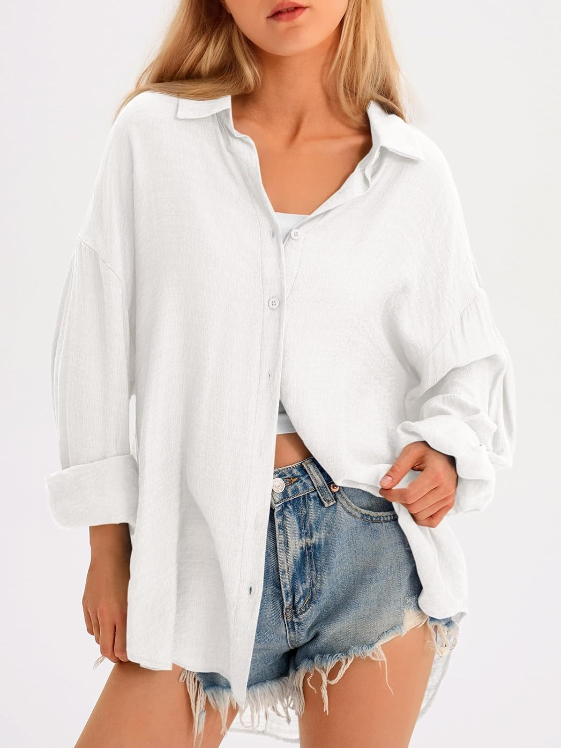 Saodimallsu Womens Oversized Button Down Shirts Long Sleeve Irregular Hem Blouse Tops - Image 4