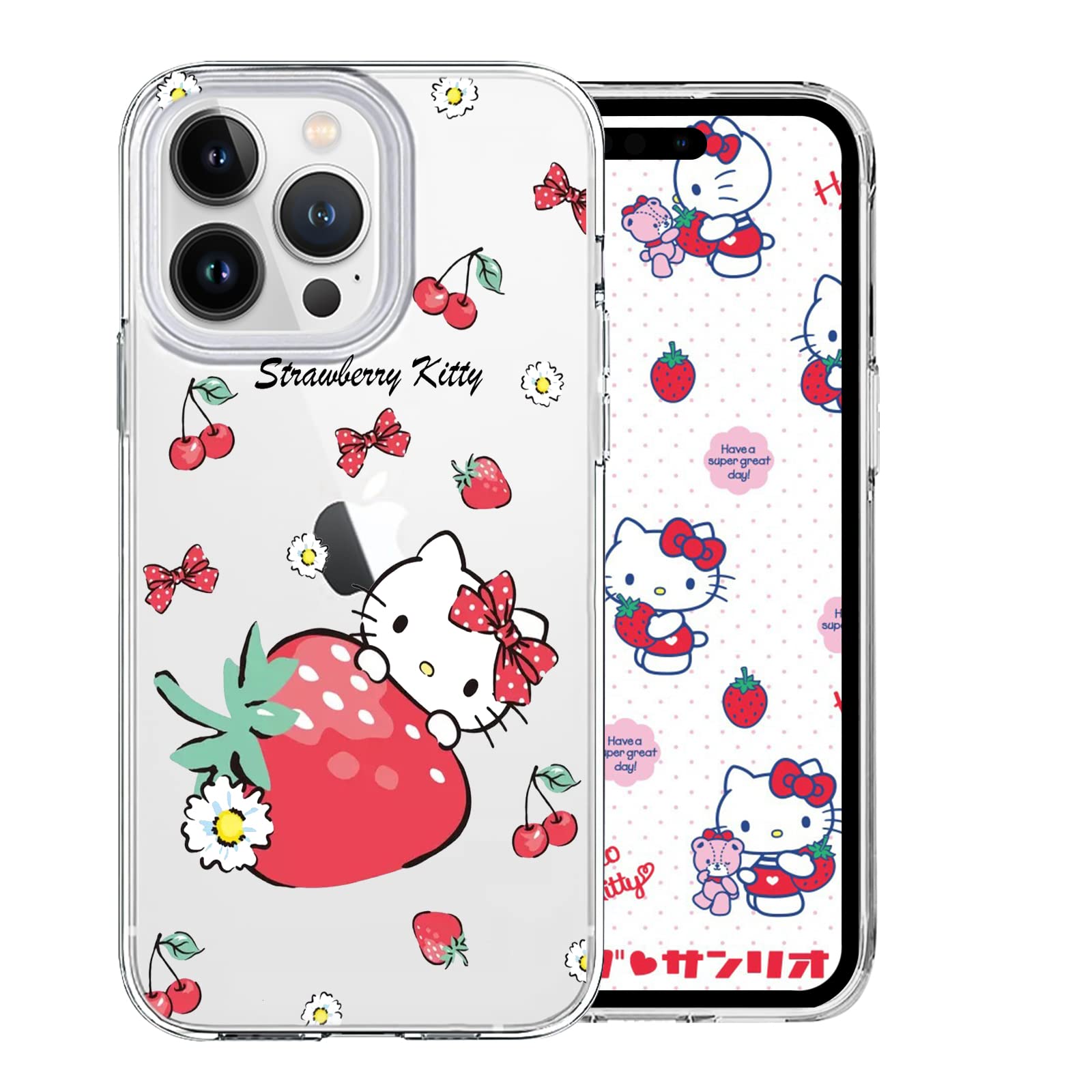 DiyGody Cute Caroon Case Compatible for iPhone 14 Pro(6.1 Inch) for Women Girls Kids Clear Case with Cute Strawberry Cat Pattern Design Slim Soft Silicone Shockproof Phone Cover for iPhone 14 Pro