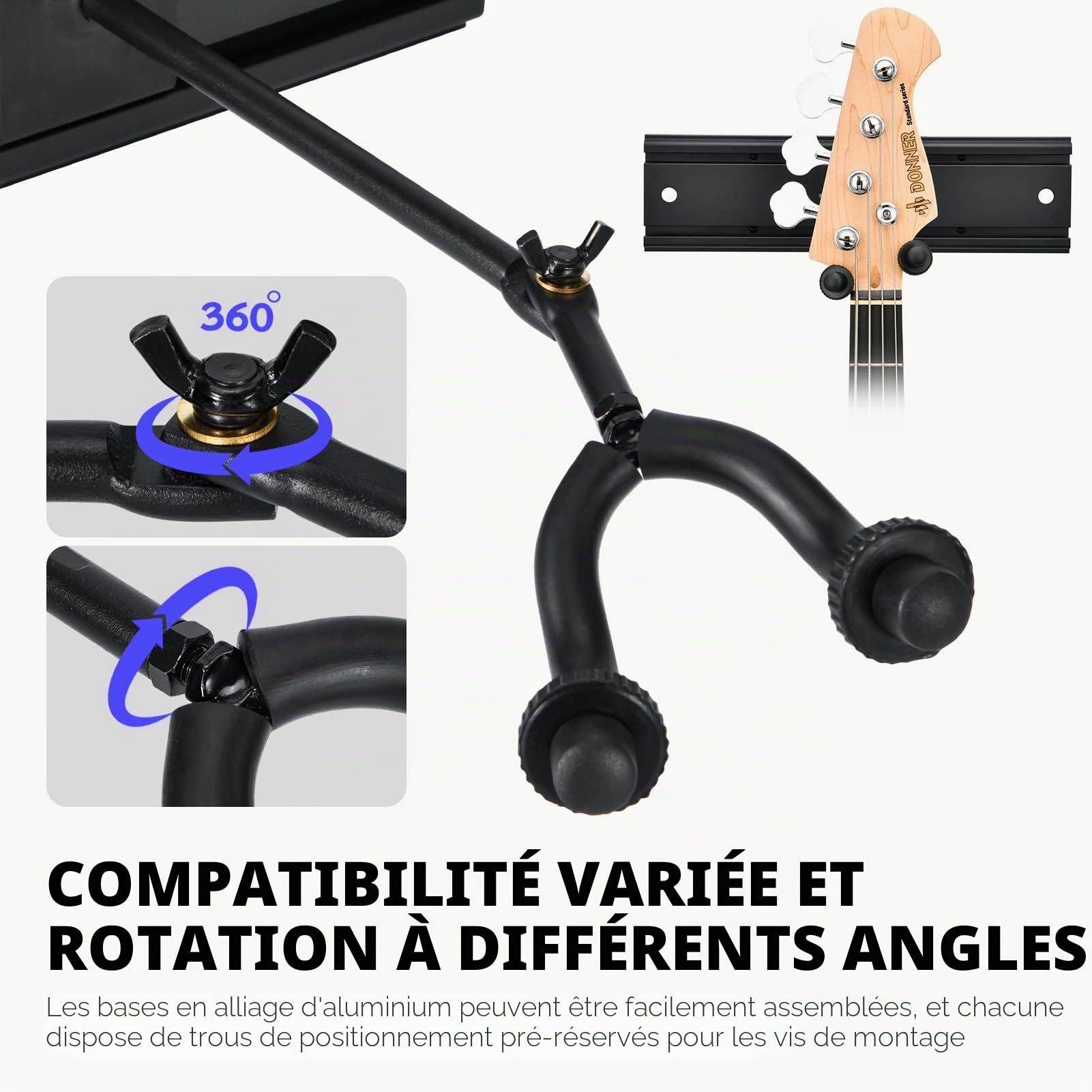 Donner 5 Support mural pour guitare Noir Support mural pour guitare avec 5 supports de guitare réglables pour guitares électriques acoustiques, basses, ukulélé folk