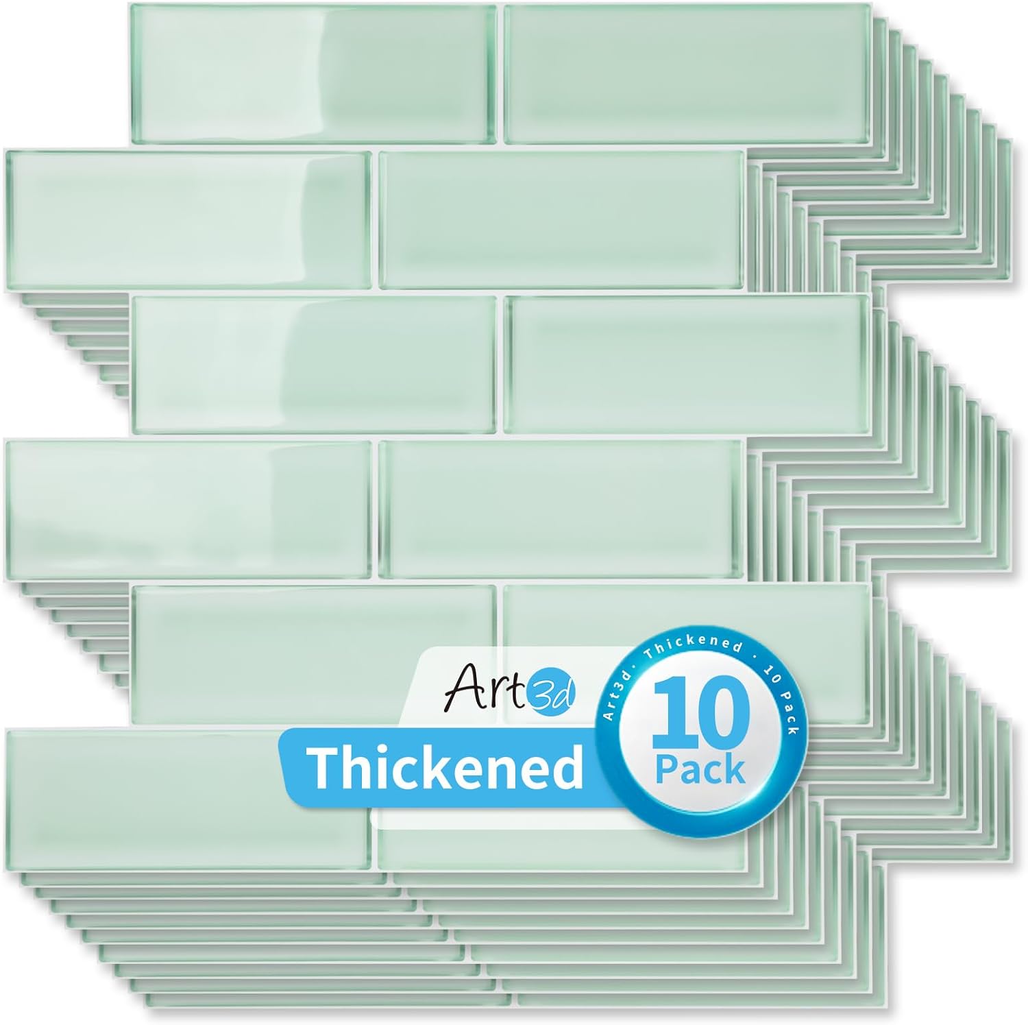 Art3d 10-Pack Heavy-Duty Peel and Stick Backsplash, 12 x 12 Inch Vinyl Seaglass Subway Design Stick on Wall Tile for Kitchen Living Room Home Decor, Aqua Green
