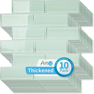 Art3d Seaglass Subway Design Peel and Stick Backsplash, 10-Pack, Aqua Green | 12 x 12 Inch, Water Resistant, Durable, Easy to Install, Coastal Style, for Modern Home Decor, Kitchen, Home Improvement