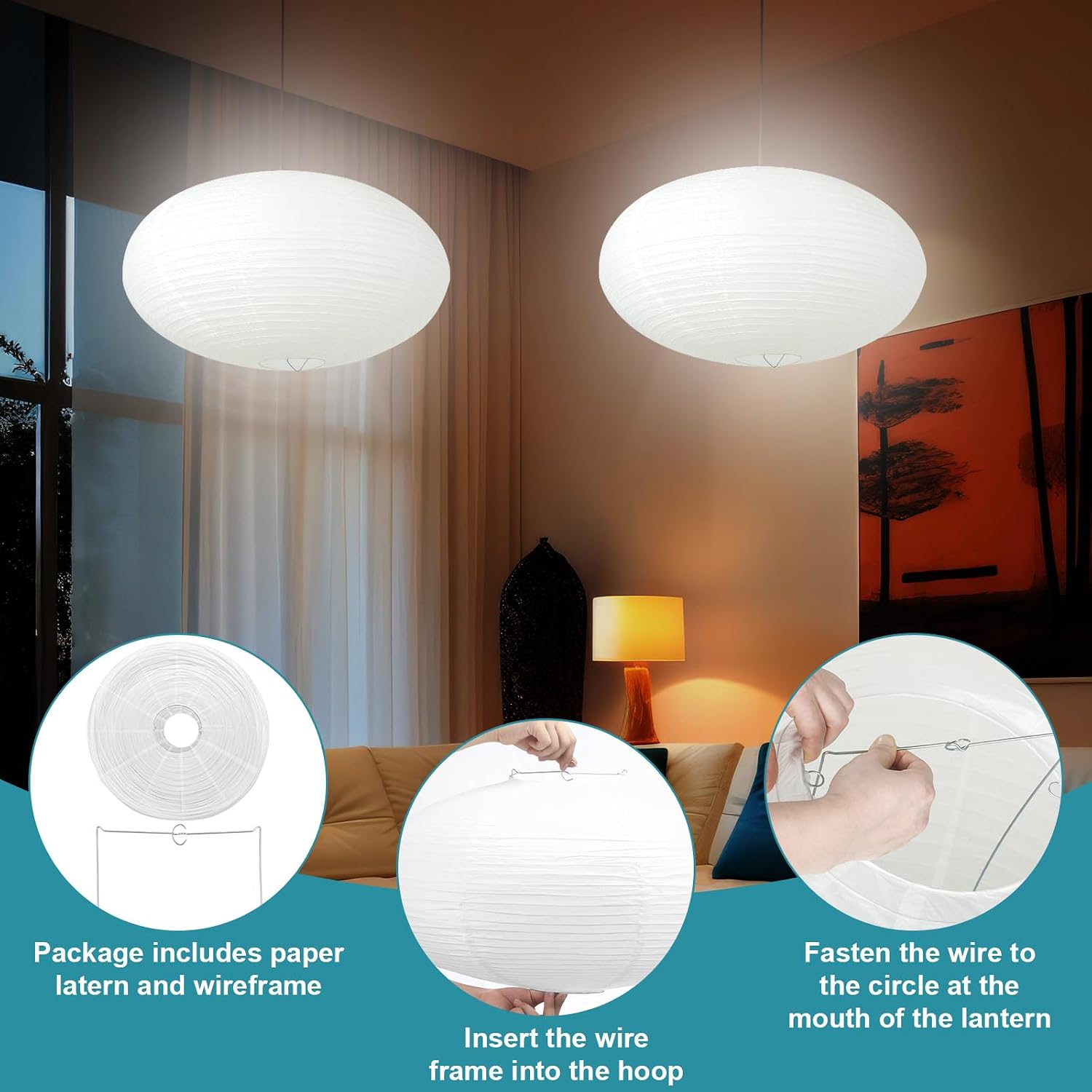 Rossesay 2 Sets Jumbo Paper Lanterns with Lamp Cord Cable White Hanging Paper Lanterns Chinese Japanese Pendant Hanging Lamp for Birthday Wedding Bridal Anniversary Party Decoration (Oval,22 Inch)