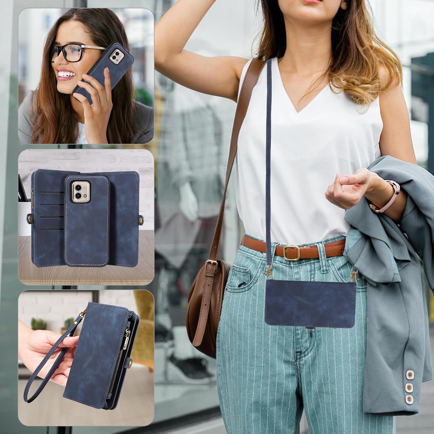 Asuwish Phone Case for Motorola Moto G Stylus 5G 2023 Zipper Wallet Detachable Cell Cover with Tempered Glass Screen Protector Crossbody Strap Flip Card Holder GStylus G5 XT2317DL XT2315-5 Women Blue