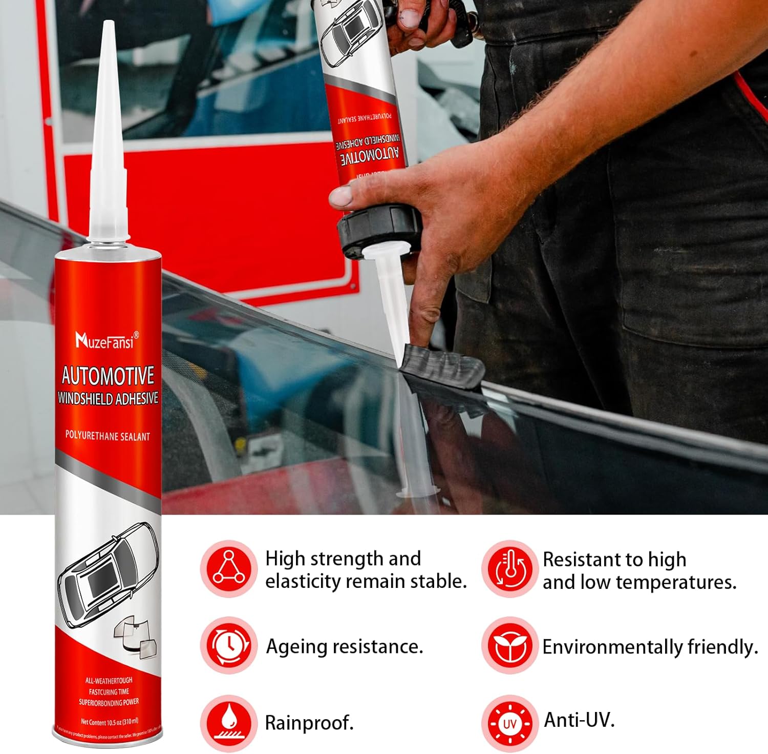 Polyurethane Windshield Adhesive–Weatherproof, Fast Curing Auto Glass Sealant for Car, RV, Truck Windows, Easy to Use Windshield Glue, Black(4 Pack, 10.1 fl oz)