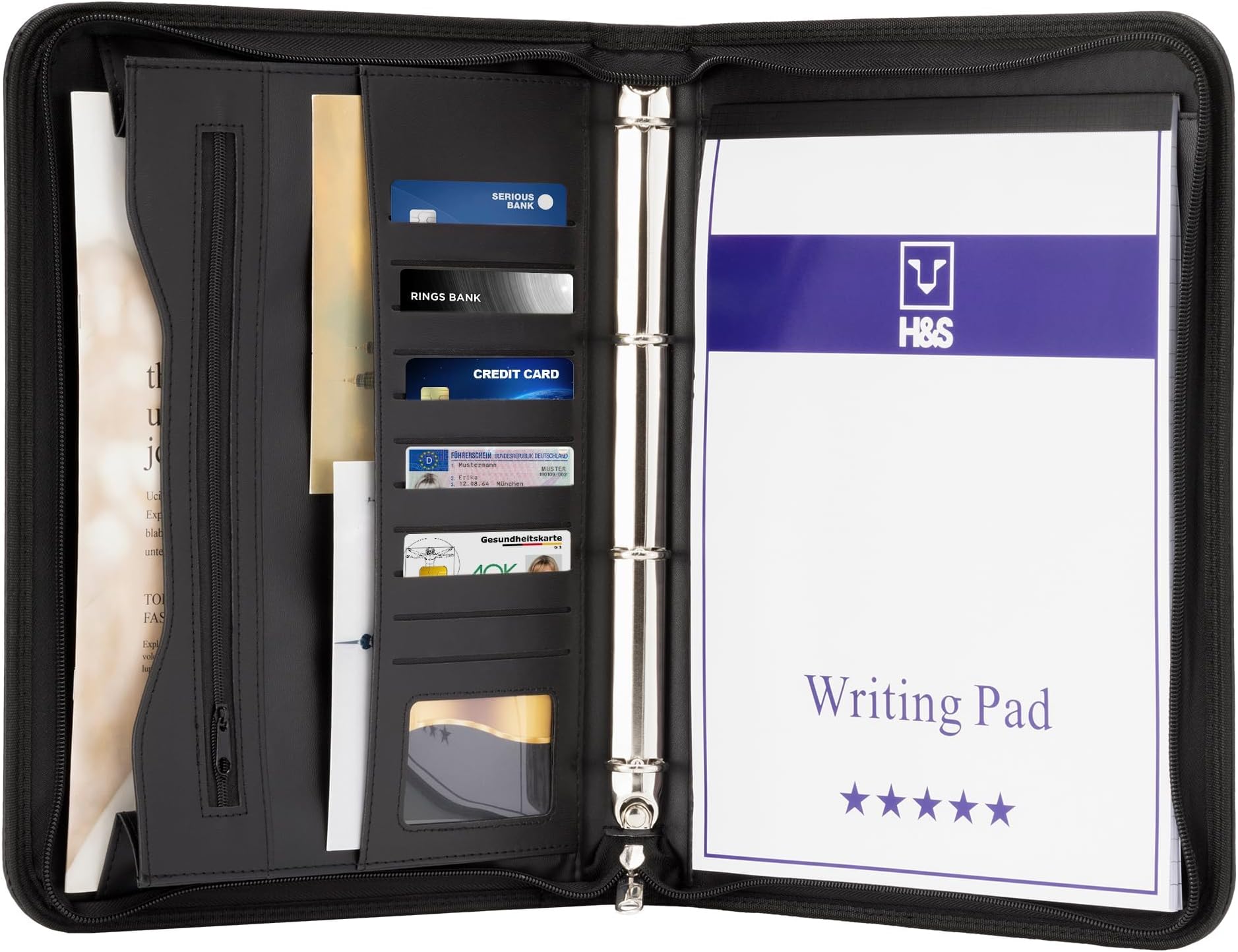 H&S Conference Folder - Zipped Portfolio Folder A4 - Faux Leather Folders for Documents with Ring Binder - A4 Organiser Folders - Work or Business Document Holder Padfolio Case