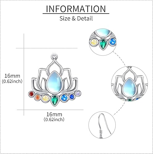 Miniatura 4 de ONEFINITY Aretes de loto de chakras de plata de ley 925 con diseño de loto y chakra, joyería de yoga para mujer, Plata de ley, Piedra de luna