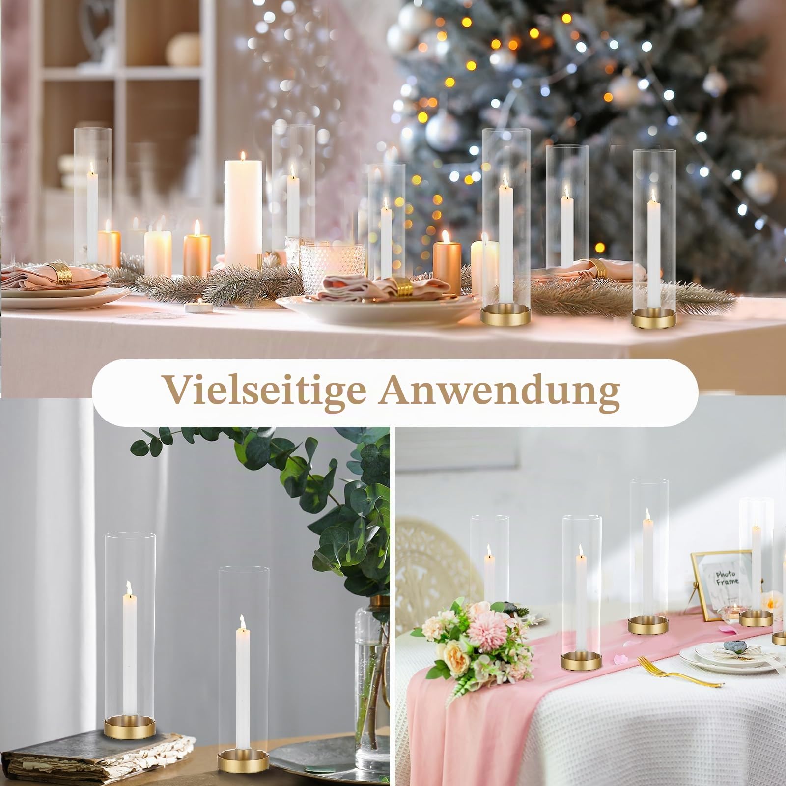 Sziqiqi Kerzenhalter Gold Kerzenständer Metall für Hochzeitstisch Mittelstücke - 30cm Hoch Kerzenständer 6er Set Windlicht Kerzenhalter Stabkerze mit Glas für Esszimmer Kaffee Tischdekoration