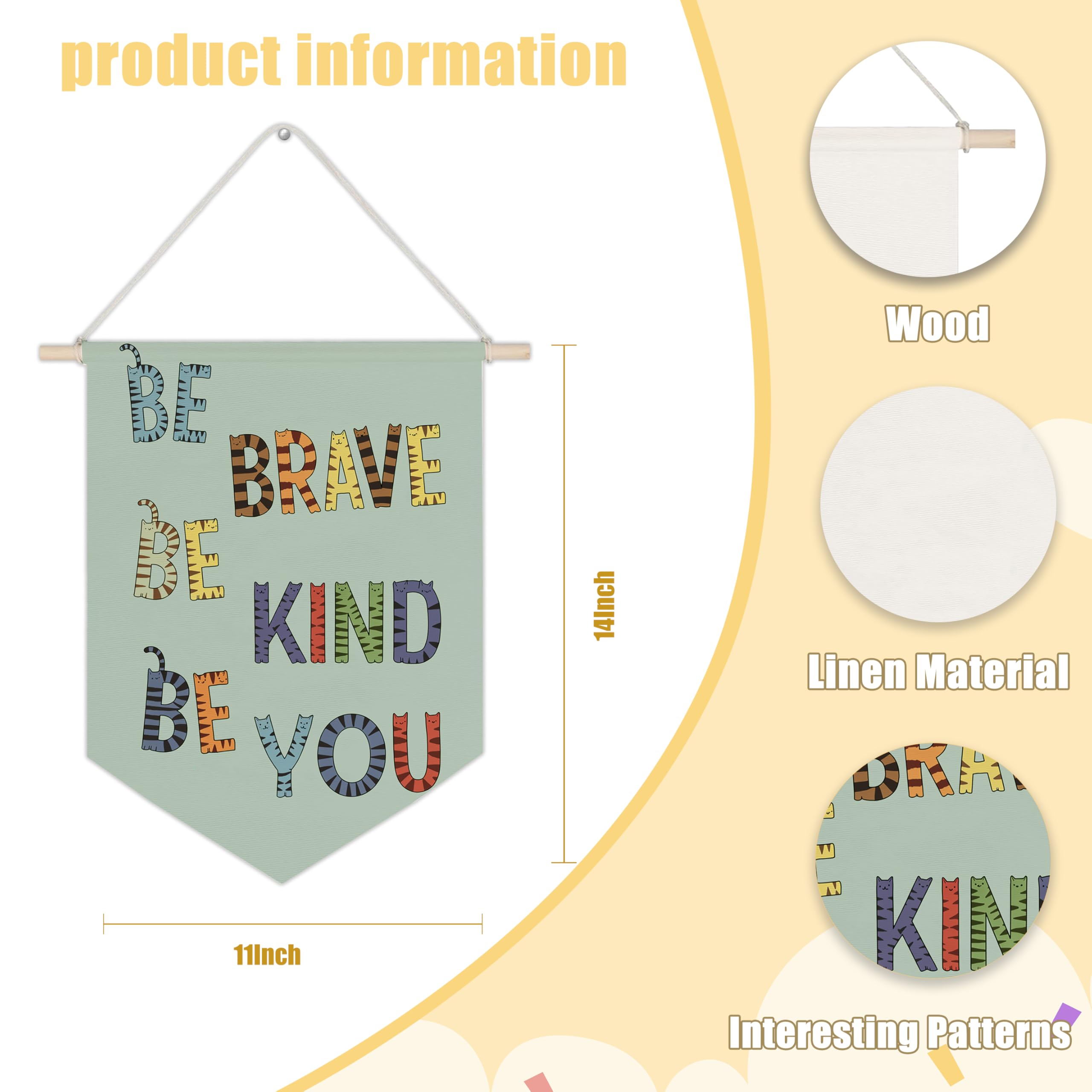 WUCHJ Cat Kids Nursery Canvas Wall Banners, Be Kind Brave Motivational Hanging Display Pennant Flags, Positive Affirmations Wall Decor for Kids Nursery Toddler Room Bedroom Playroom 11x14 Inch