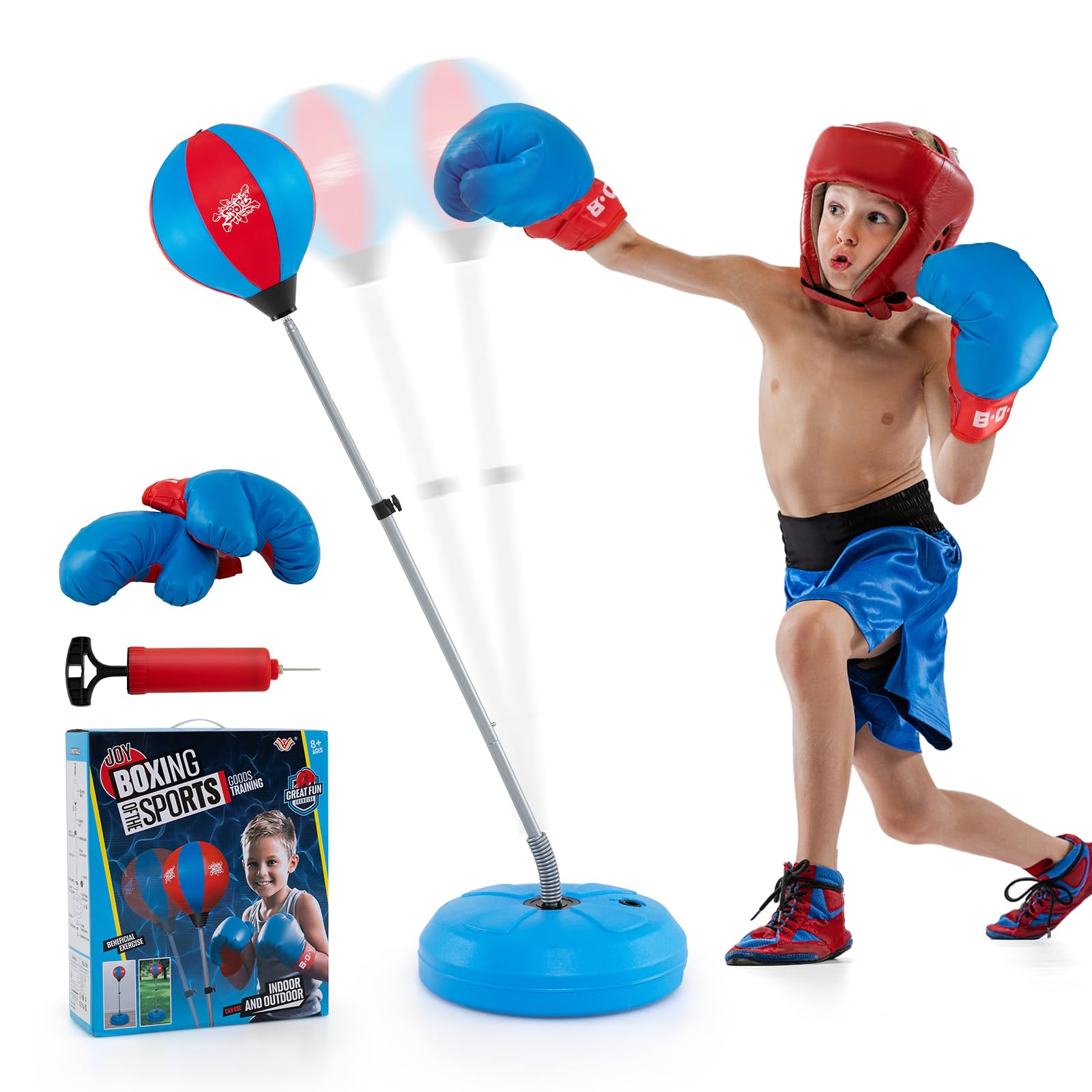 COSTWAY Punching Bag with Stand and Gloves, 122-154cm Height Adjustable Speed Ball Reflex Bag Kit, Freestanding Inflatable Boxing Bag for Kids Adults (Blue+Red)