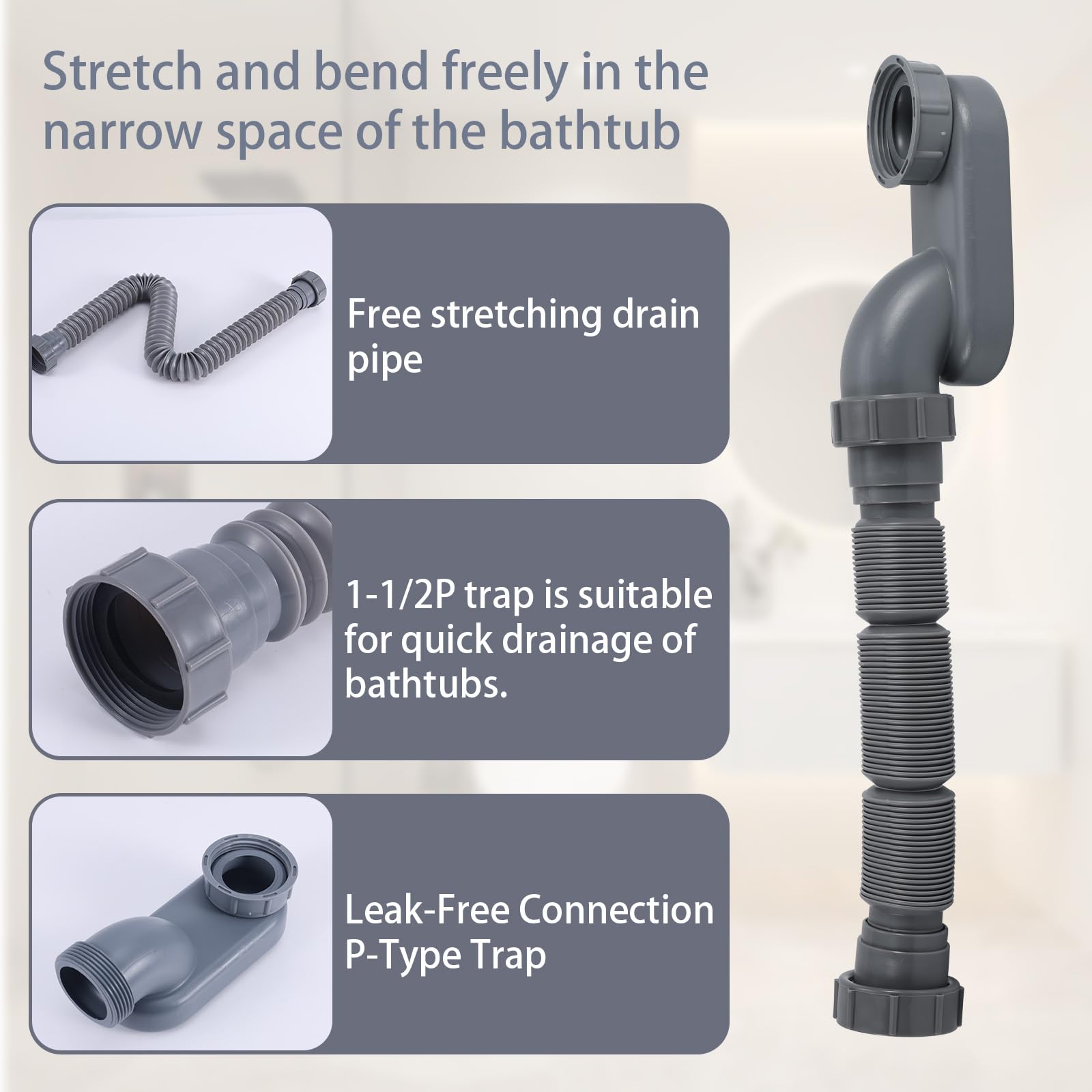 Flexible 1 1/2 P-Trap, Freestanding Tub Drain Flat Flexible P-Trap 1-1/2 Shower Drain Interface 1.7in for Bathtub Shower Bathroom - Image 4
