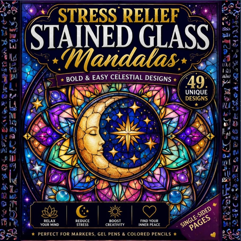 Stress Relief Stained Glass Mandalas: Bold & Easy Celestial Designs for Relaxation, Mindfulness, and Creative Escape, Beautiful Moon, Star, Sun & Cosmic Patterns for Adults