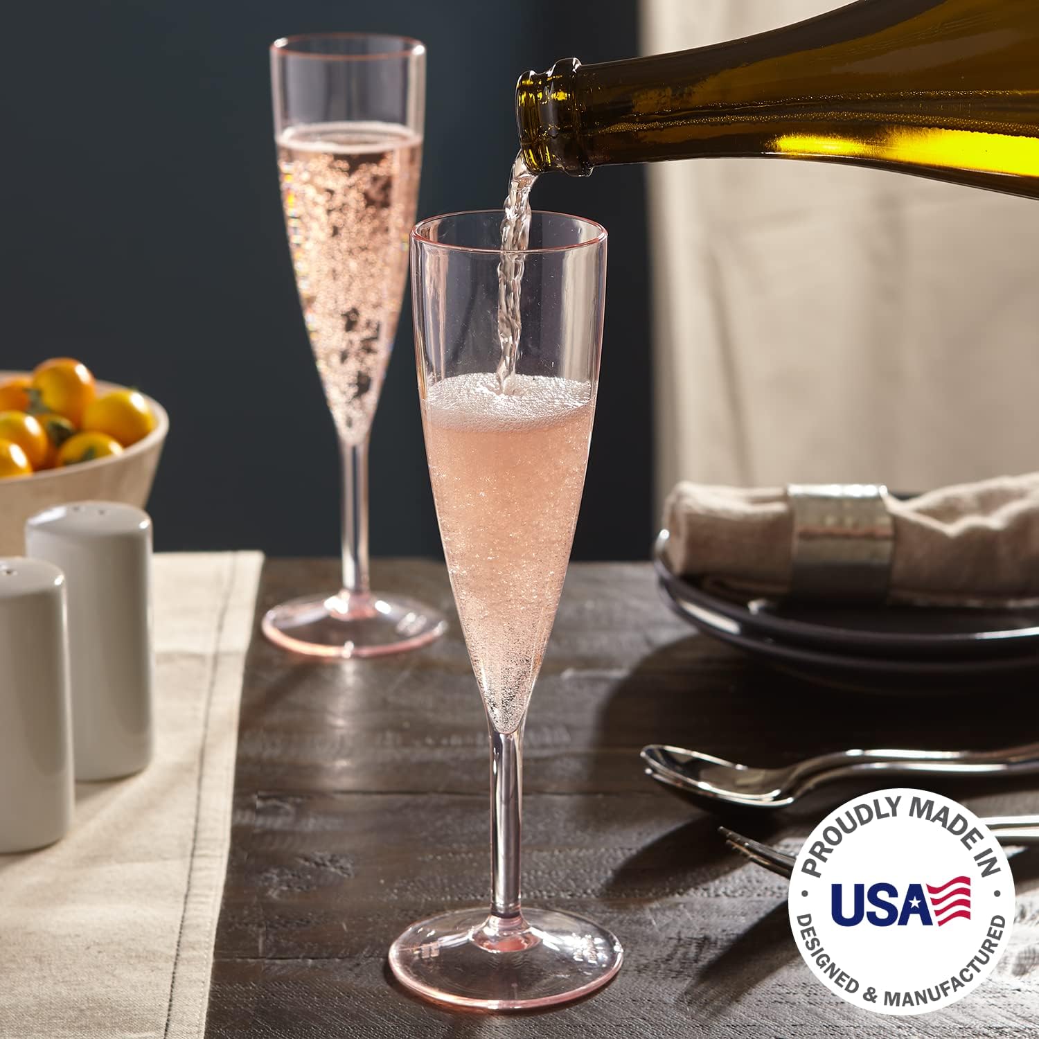 US Acrylic Plastic Reusable Champagne Flute (Set of 12) Rose Pink 5oz Stems | BPA-Free, Shatterproof, Made in USA | Top-Rack Dishwasher Safe